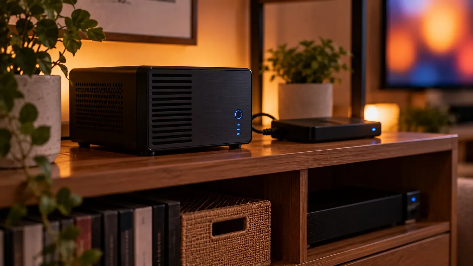 A small home media server and drive on a shelf