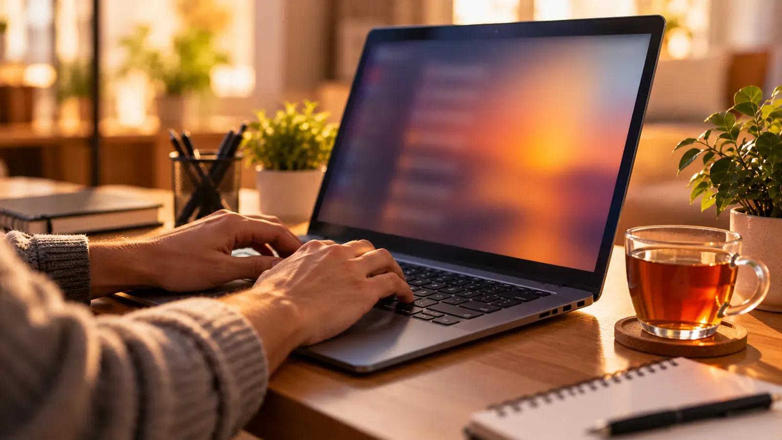 Hands typing on a laptop