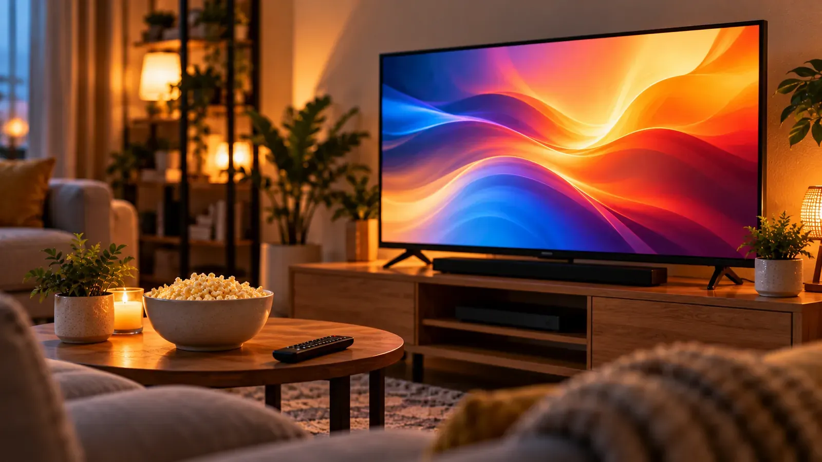 A living room with a TV on and a bowl of popcorn