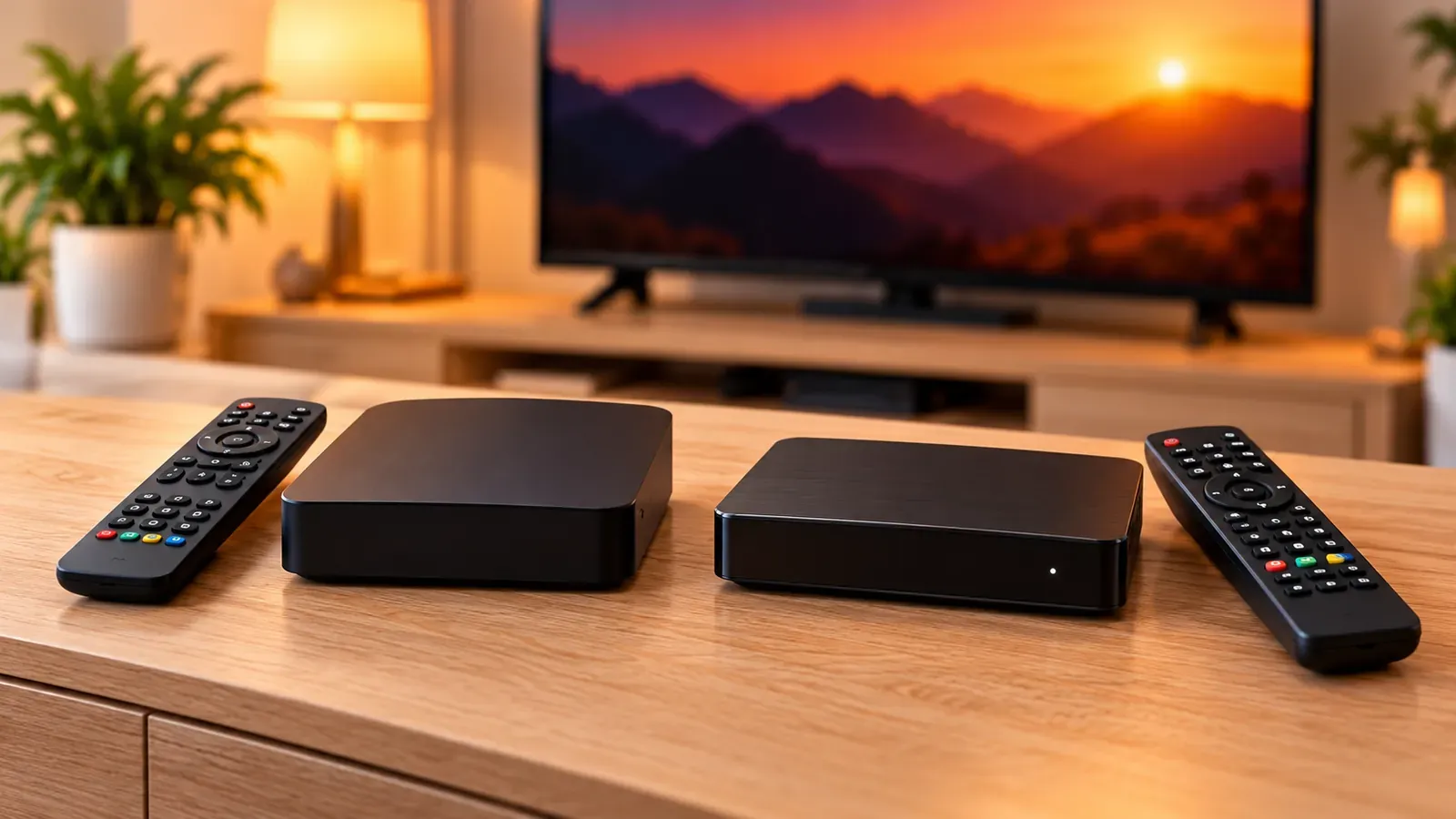 Two different set-top boxes with remotes on a TV unit