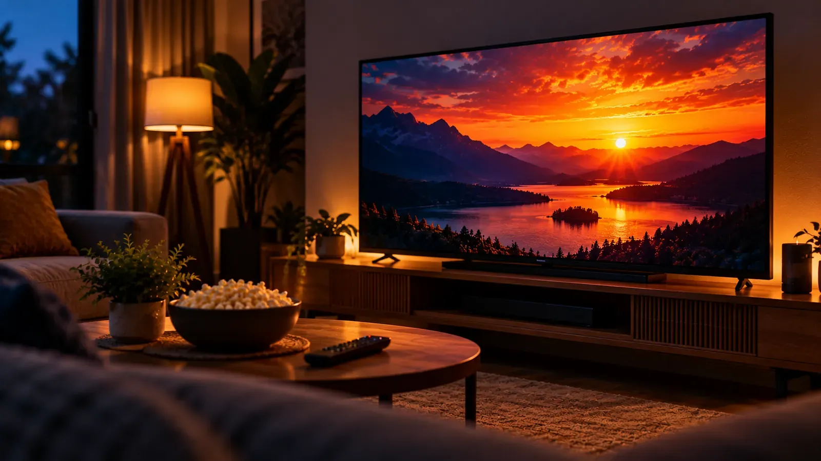A TV in a dim room showing bright highlights and deep shadows