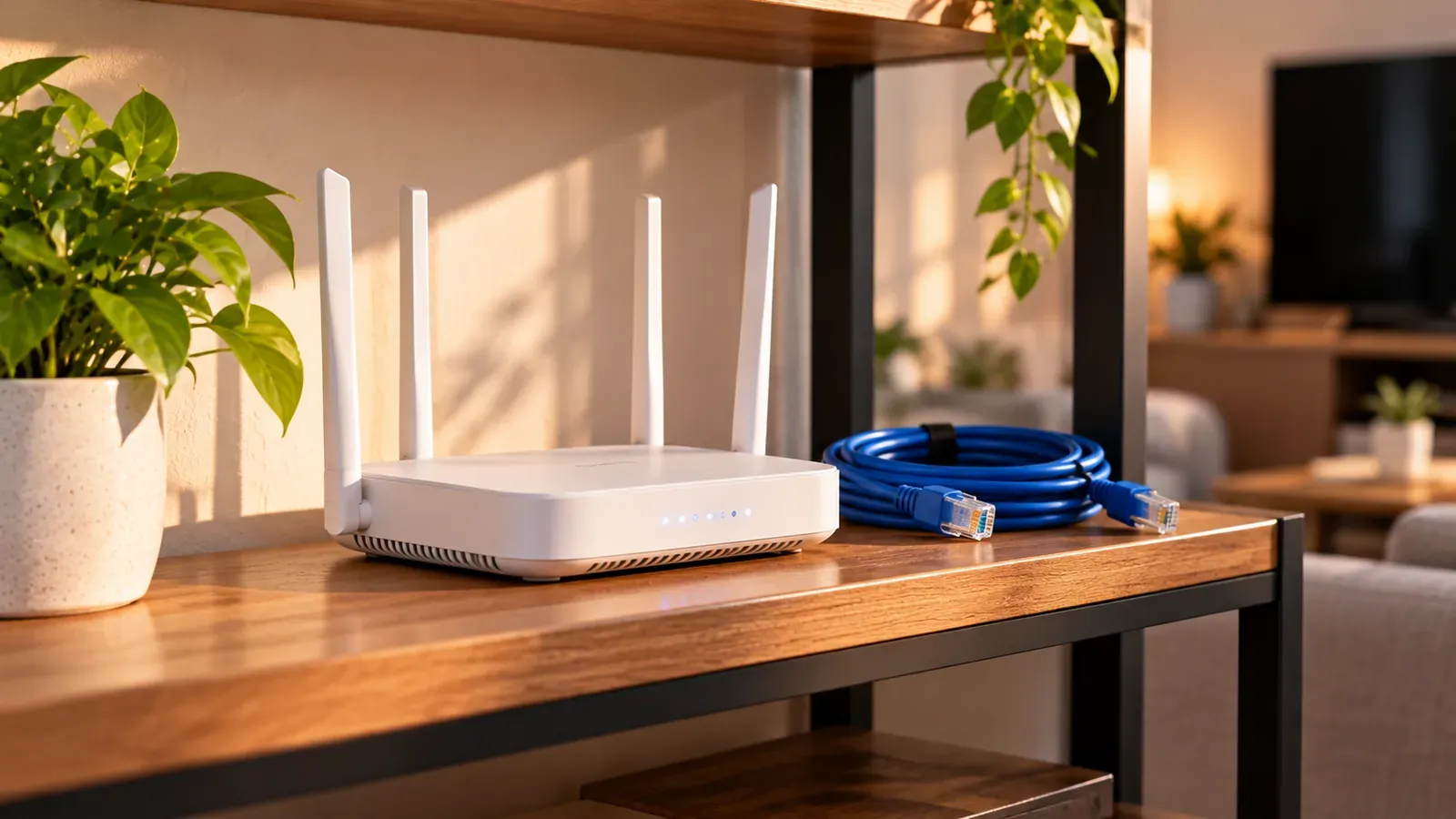 A home Wi-Fi router with an Ethernet cable