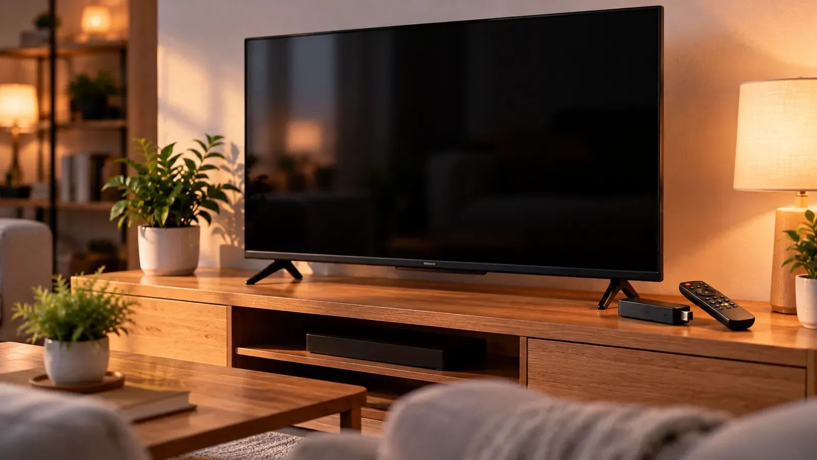A living room TV with a remote and streaming stick ready to set up