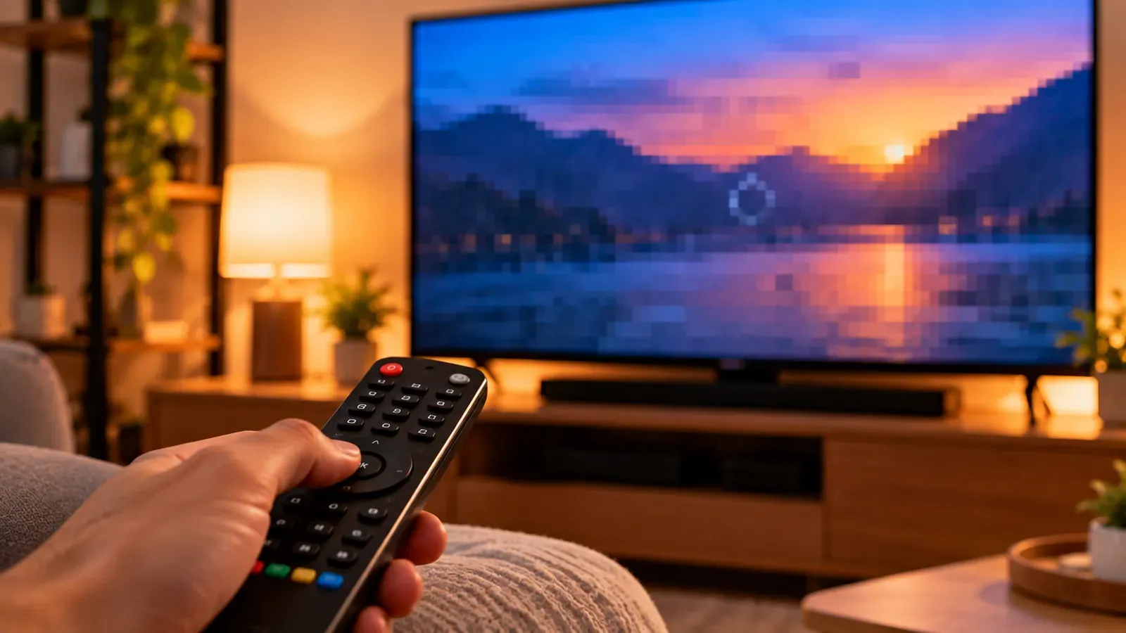 A TV showing a blurry picture with a remote in front