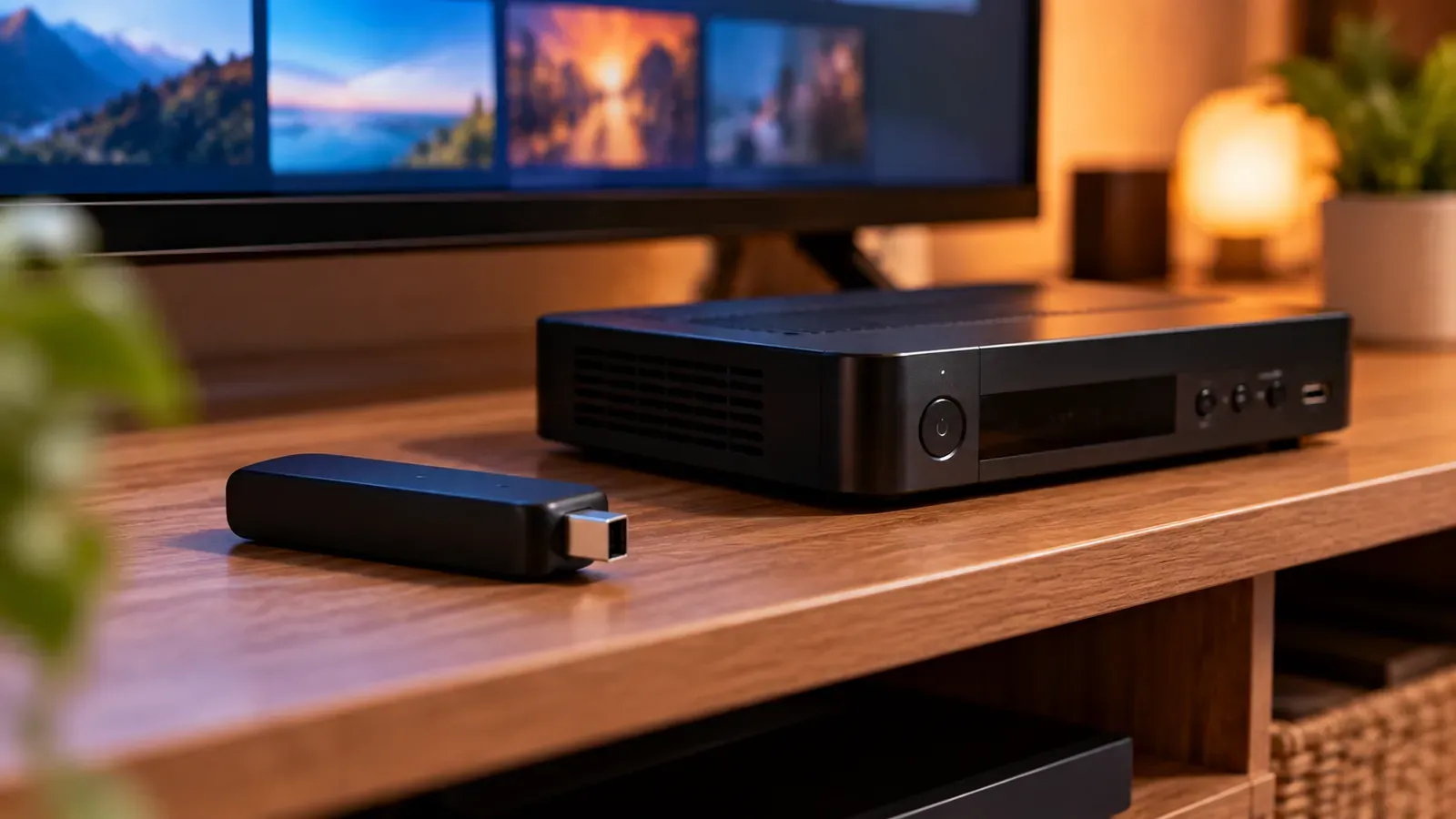 A small streaming stick next to an older set-top box