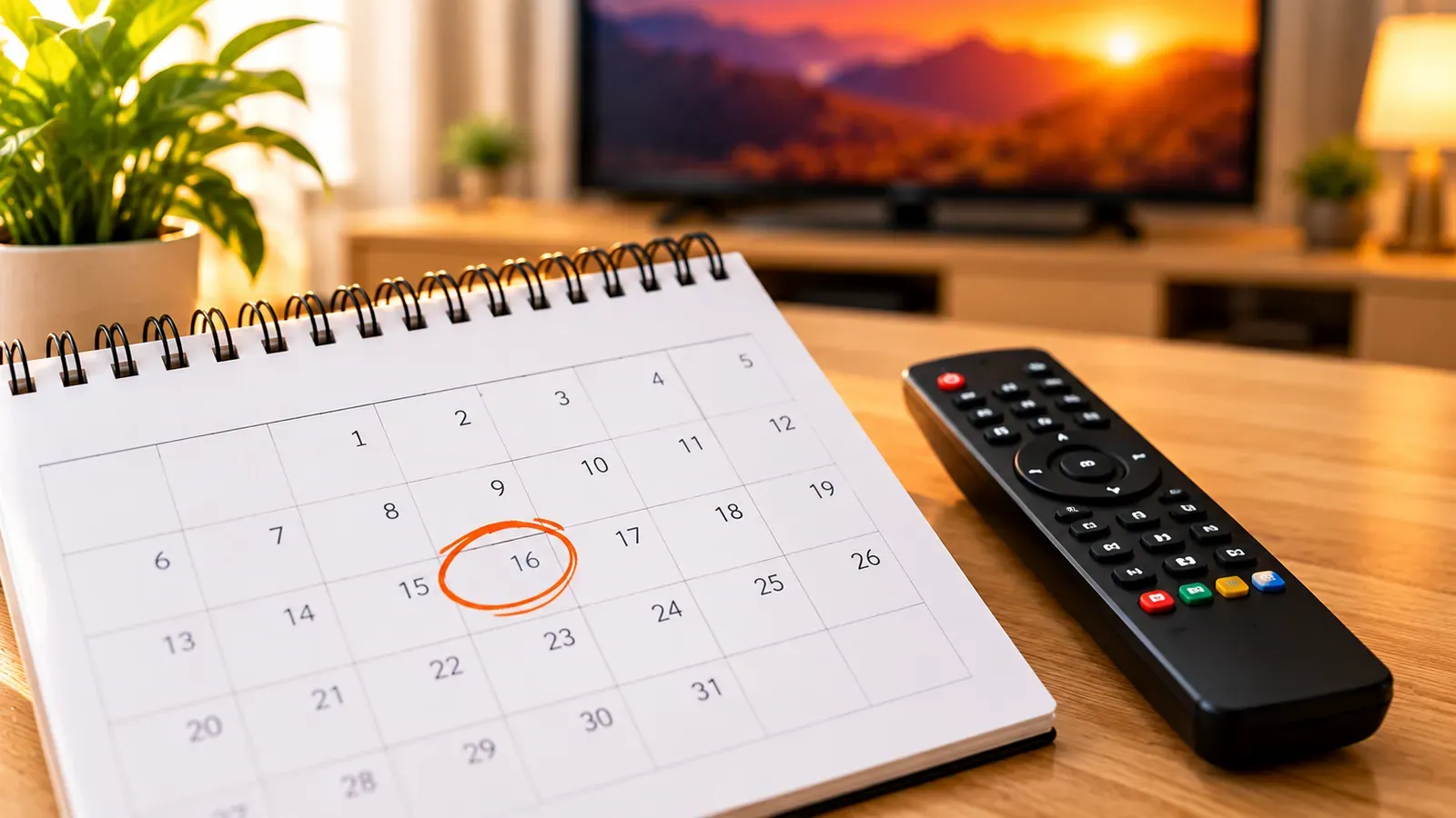 A calendar with a date circled next to a TV remote