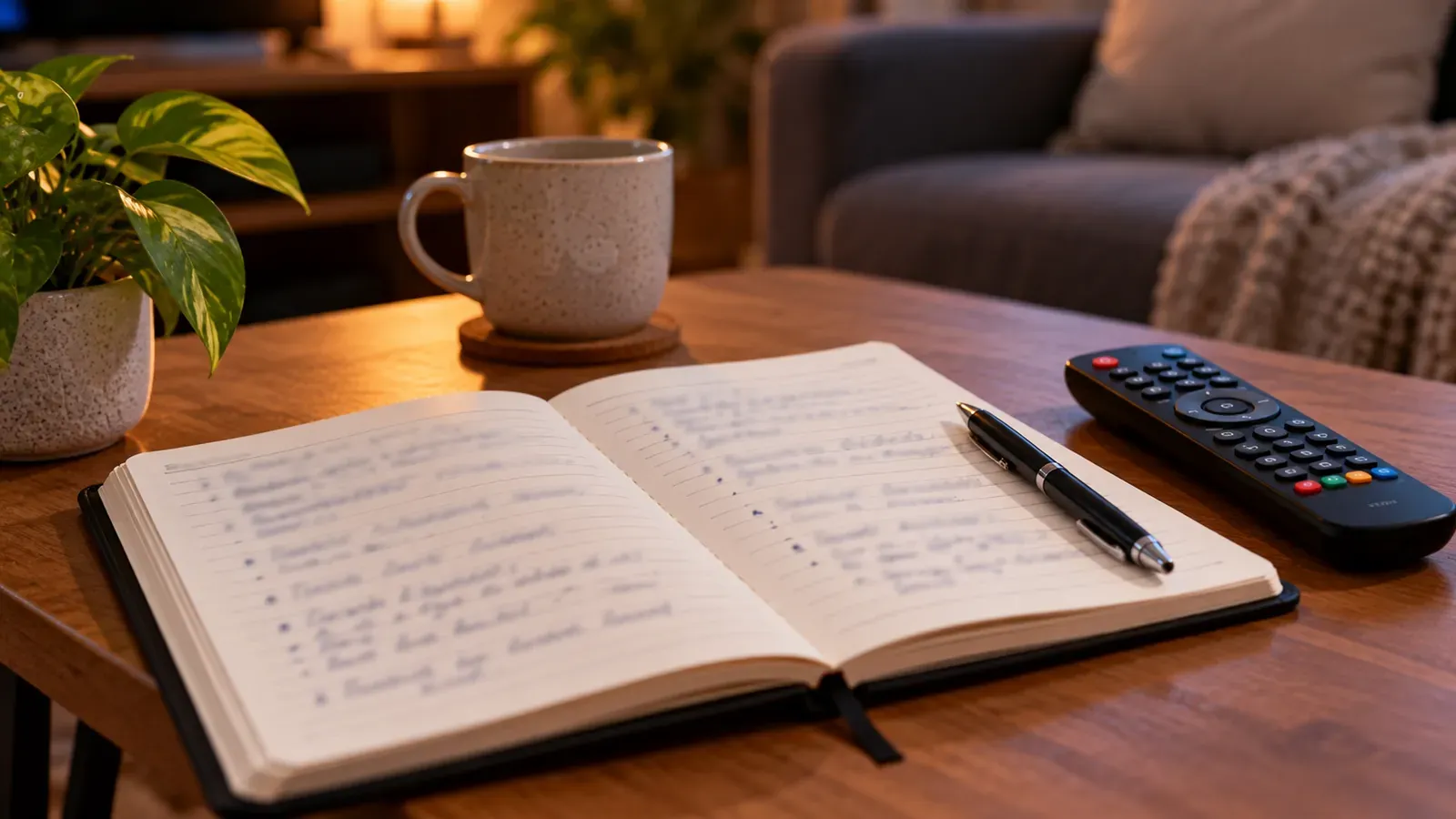 An open notebook with notes beside a remote control