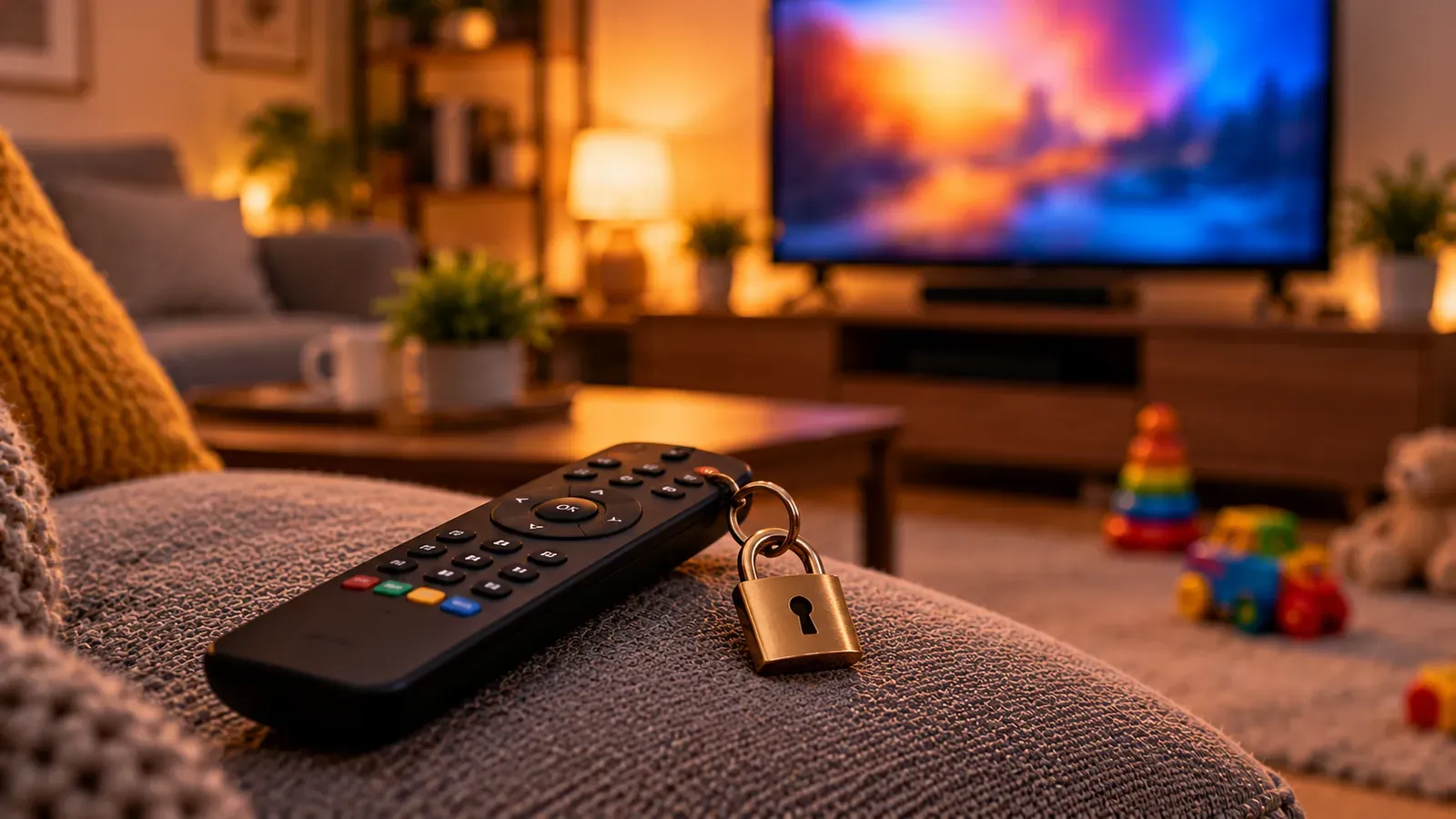 A remote control with a padlock keyring in a family living room