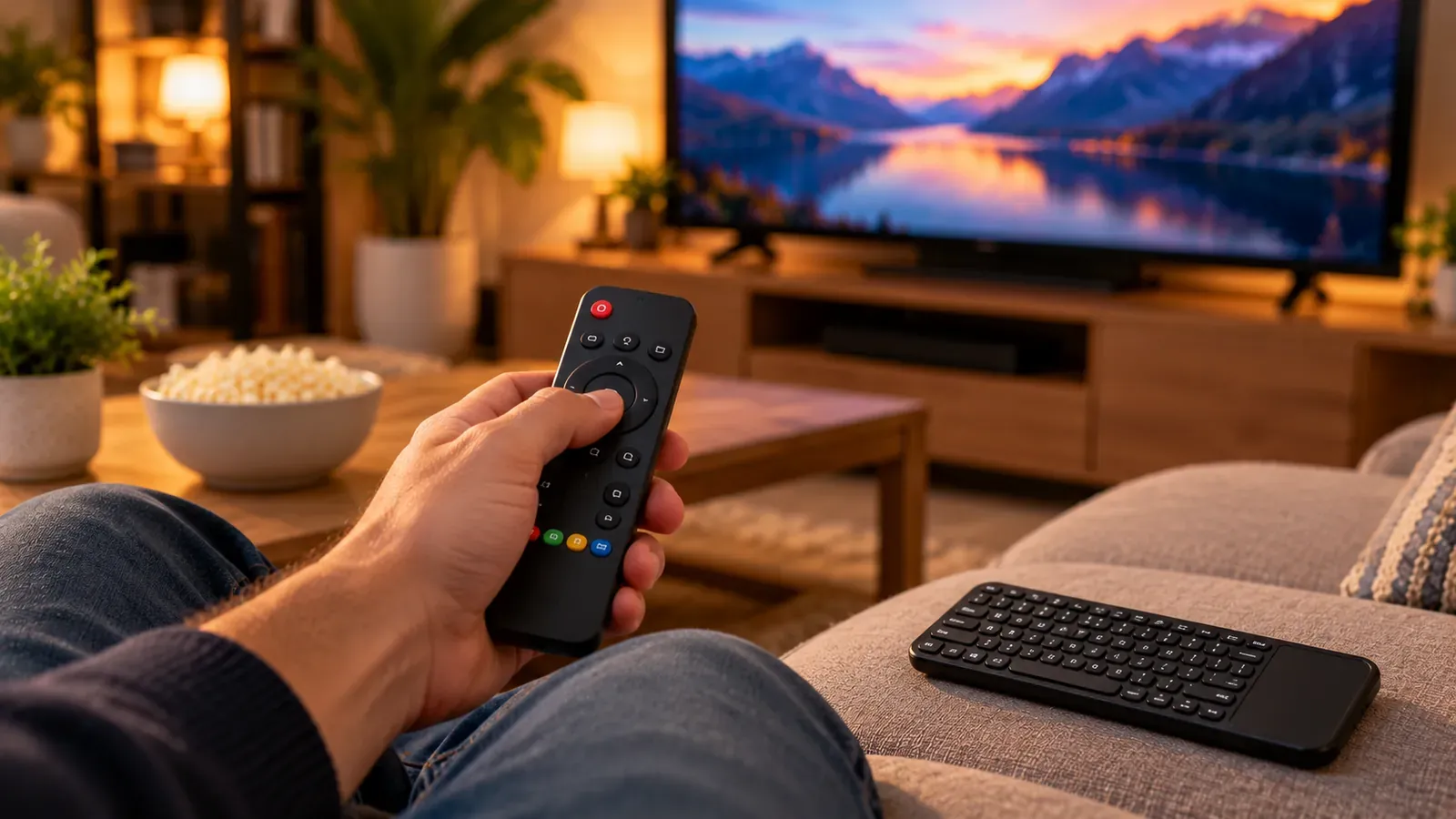 A hand holding a TV remote beside a small wireless keyboard