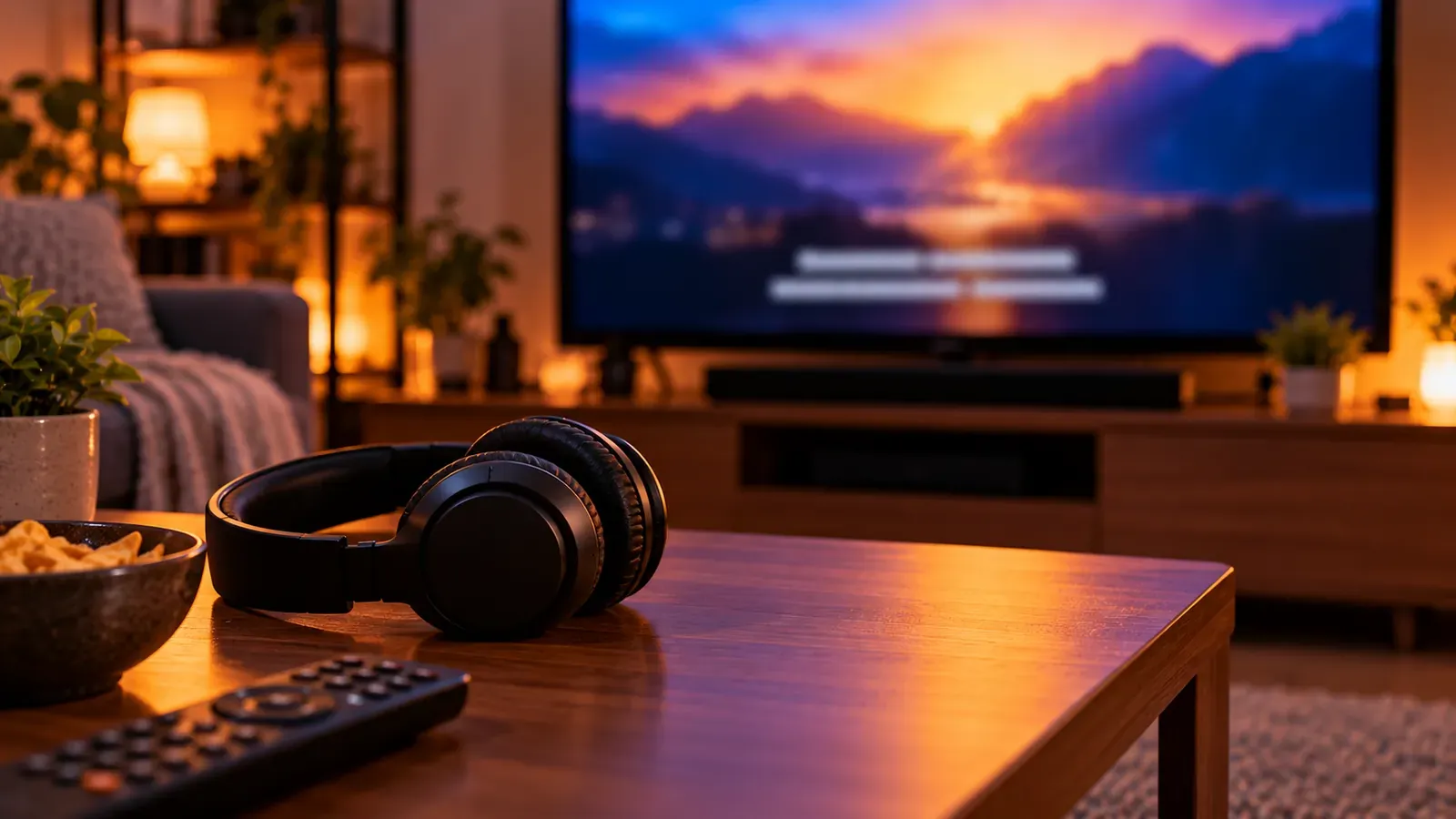 A TV with subtitle bars and a pair of headphones