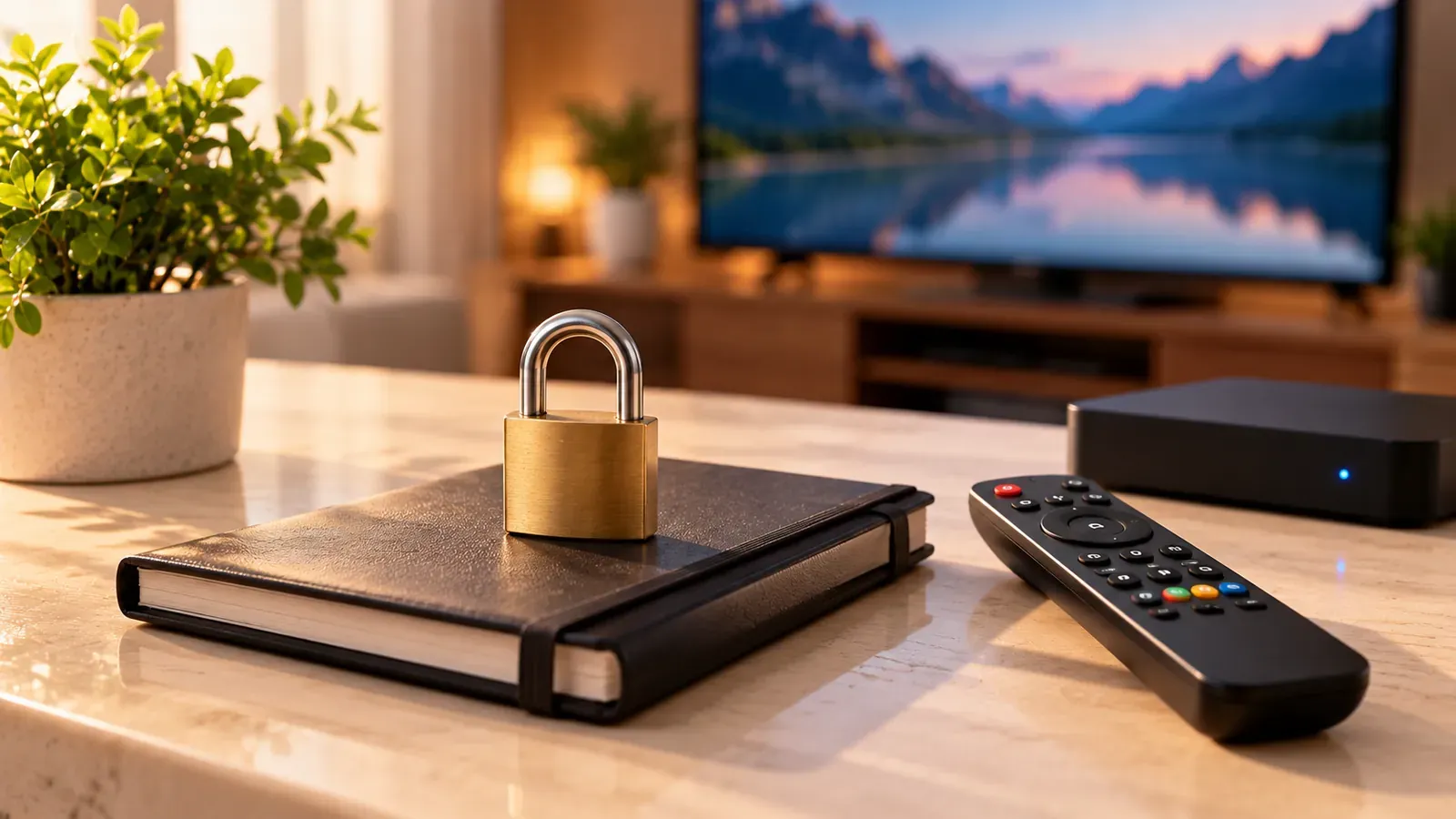 A padlock and notebook next to a remote control