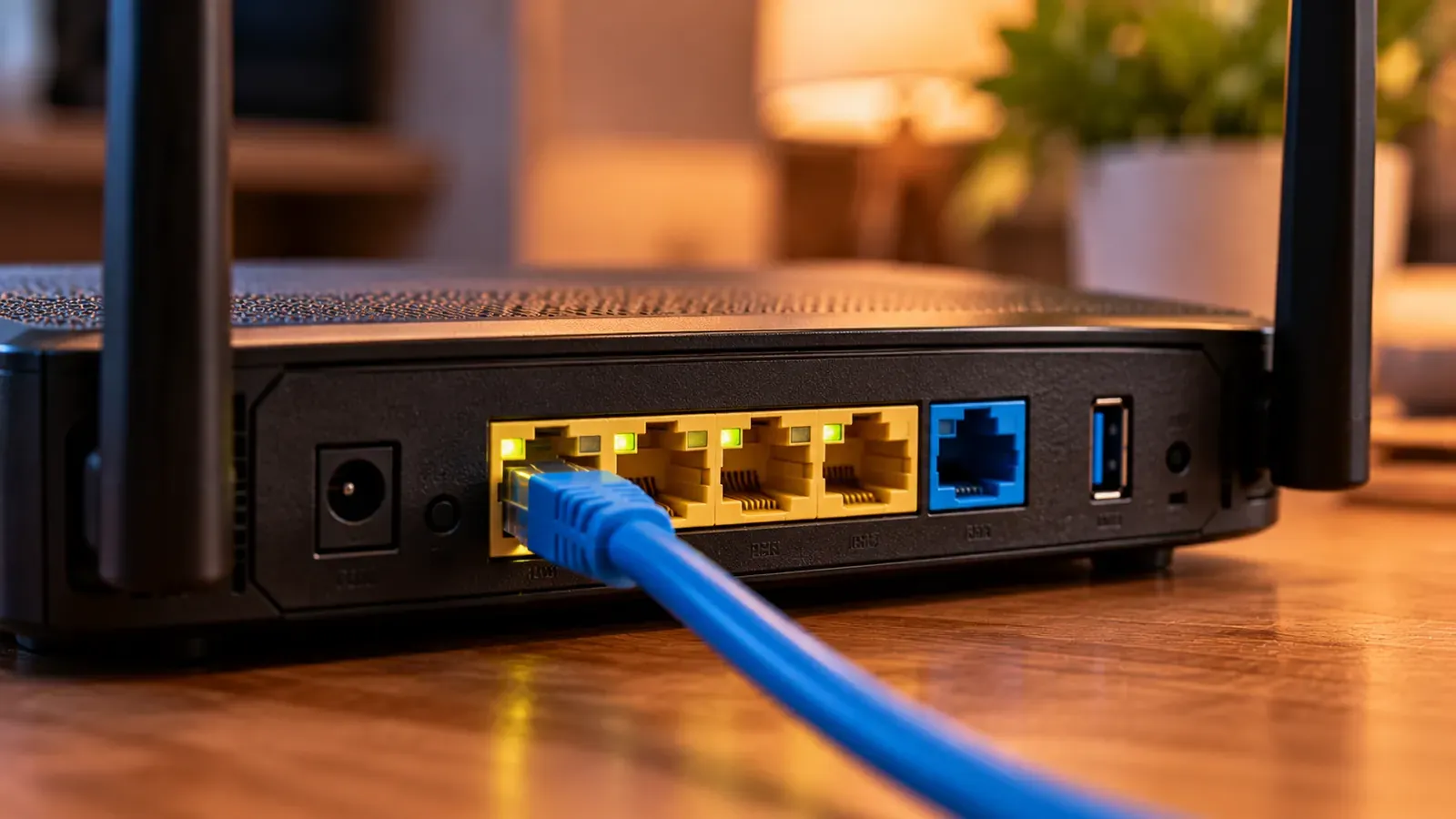 The back of a router with Ethernet ports