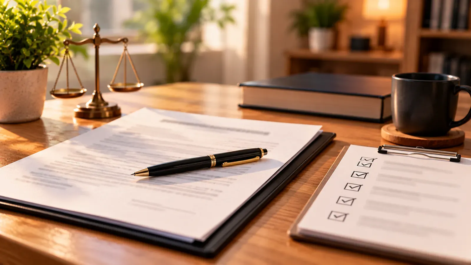 A printed agreement and checklist on a desk