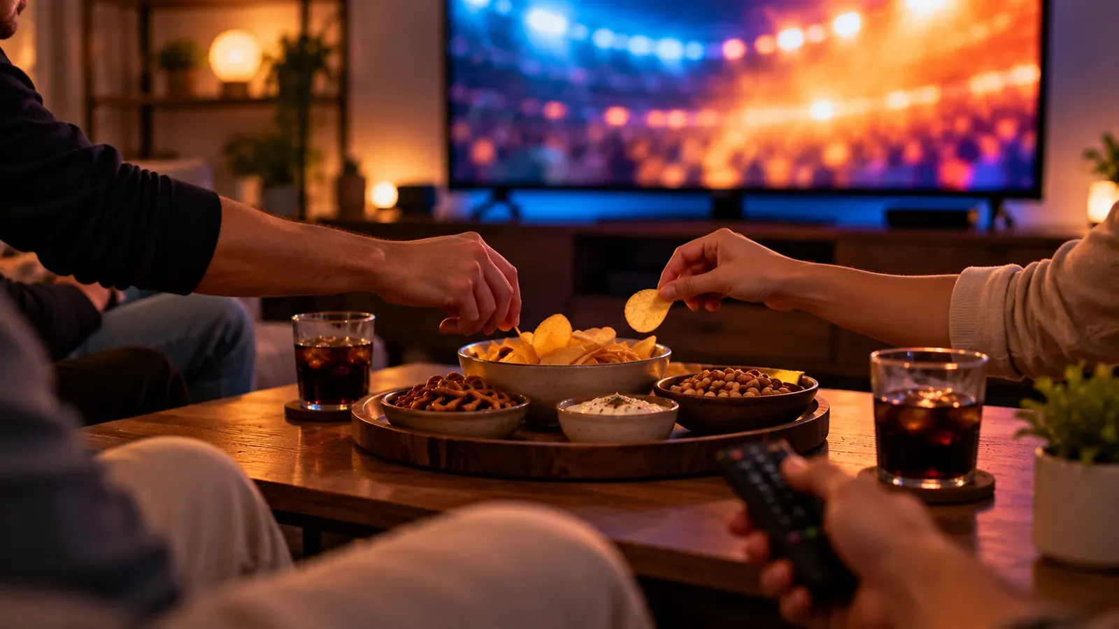 People sharing snacks in front of a TV