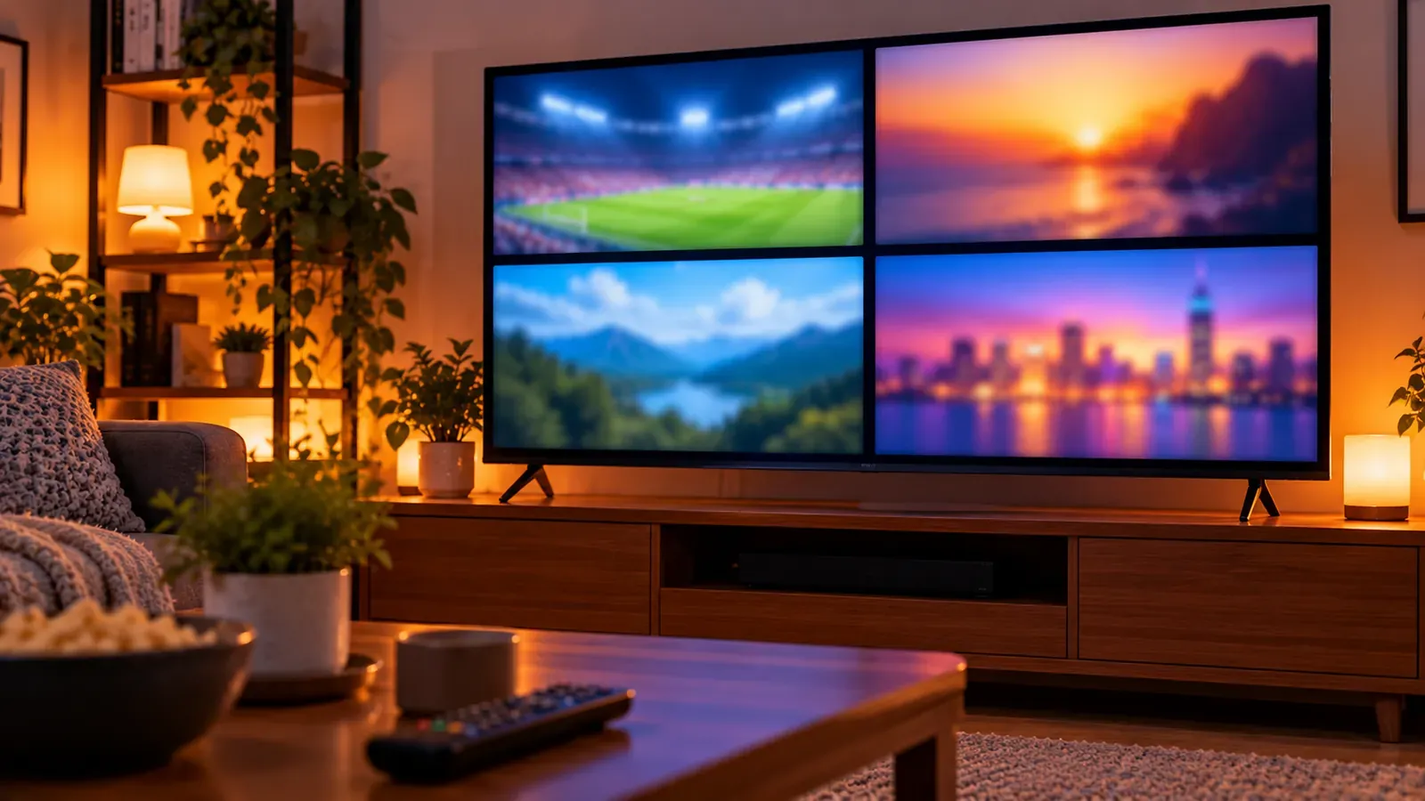 A TV screen split into four panels
