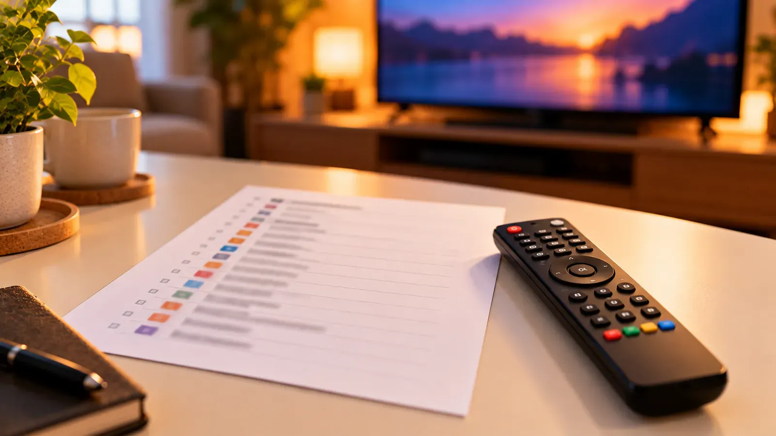 A printed list beside a TV remote