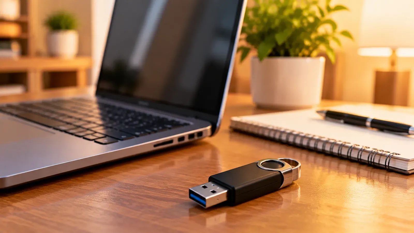 A USB stick next to a laptop