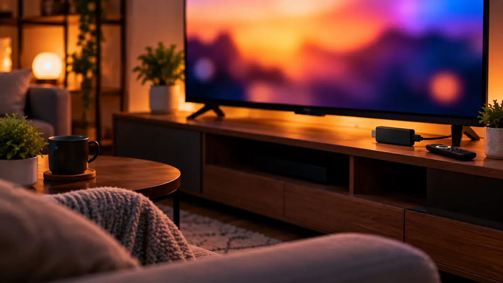 A cosy living room with a TV streaming video