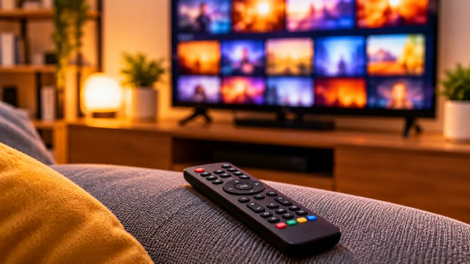 A remote on a sofa in front of a TV showing a grid of tiles